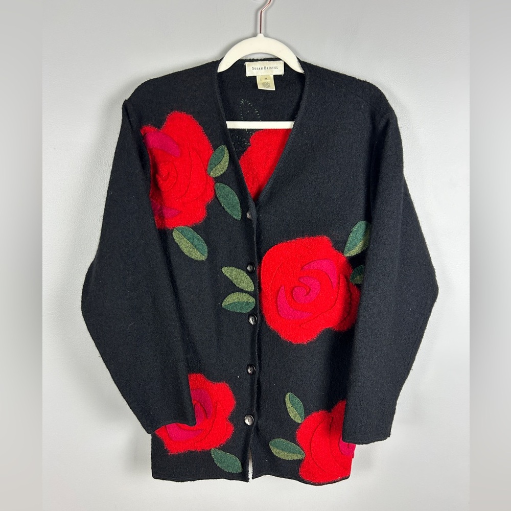 SUSAN BRISTOL Boiled Wool Floral Cardigan Coat Medium Black Red Cottagecore Bold